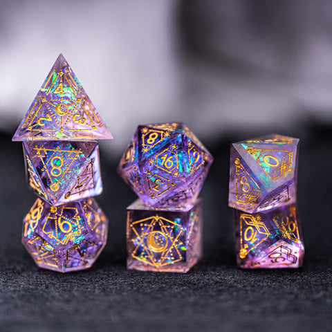 URWizards Dnd Resin Purple Glitter Engraved Dice Set Astrology Style - Urwizards