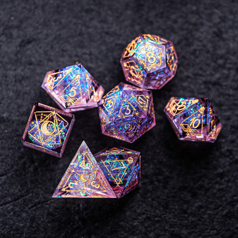 URWizards Dnd Resin Purple Glitter Engraved Dice Set Astrology Style - Urwizards