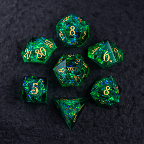 URWizards Dnd Resin Green Glitter Engraved Dice Set YEET & F*CK - Urwizards
