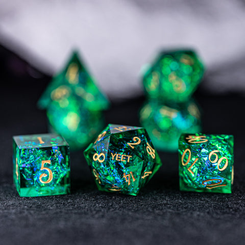 URWizards Dnd Resin Green Glitter Engraved Dice Set YEET & F*CK - Urwizards