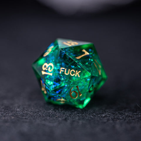 URWizards Dnd Resin Green Glitter Engraved Dice Set YEET & F*CK - Urwizards