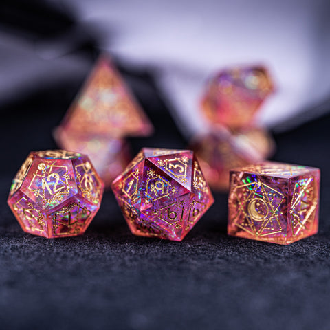 URWizards Dnd Resin Pink Glitter Engraved Dice Set Astrology Style - Urwizards