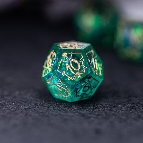URWizards Dnd Resin Green Glitter Engraved Dice Set Astrology Style - Urwizards