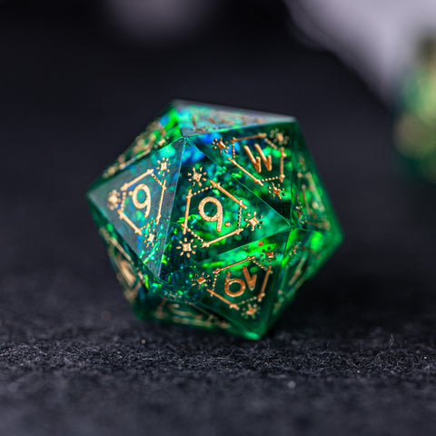 URWizards Dnd Resin Green Glitter Engraved Dice Set Astrology Style - Urwizards