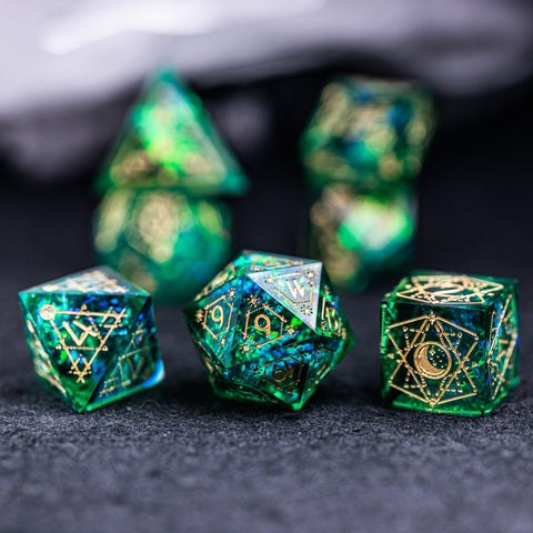 URWizards Dnd Resin Green Glitter Engraved Dice Set Astrology Style - Urwizards