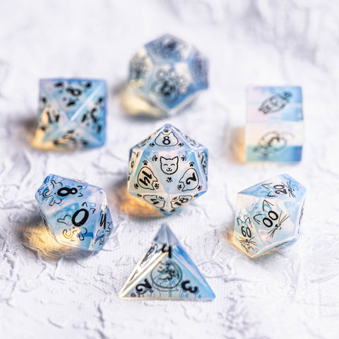 URWizards Dnd Engraved Opalite Cat's Eye Dice Set Meow Style - Urwizards