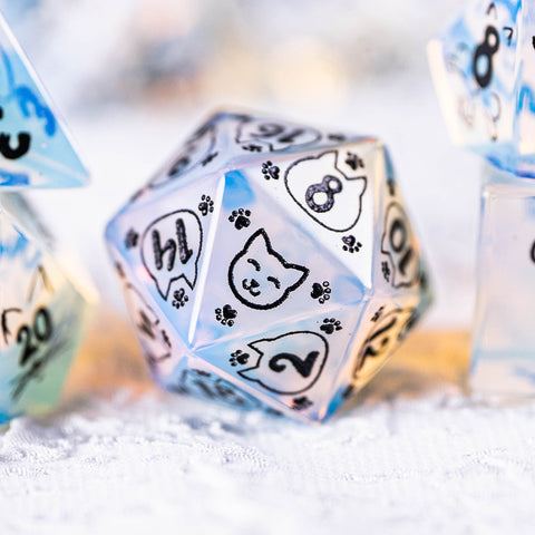 URWizards Dnd Engraved Opalite Cat's Eye Dice Set Meow Style - Urwizards