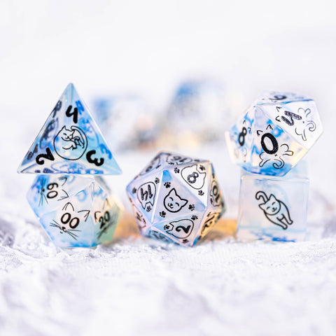 URWizards Dnd Engraved Opalite Cat's Eye Dice Set Meow Style - Urwizards