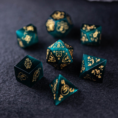 URWizards Dnd Engraved Teal Green Cat's Eye Dice Set Meow Style - Urwizards