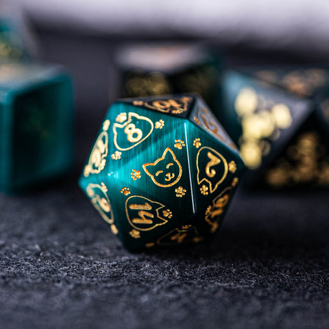 URWizards Dnd Engraved Teal Green Cat's Eye Dice Set Meow Style - Urwizards