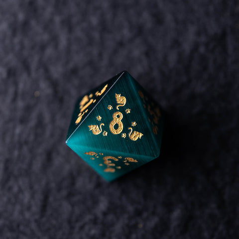 URWizards Dnd Engraved Teal Green Cat's Eye Dice Set Meow Style - Urwizards