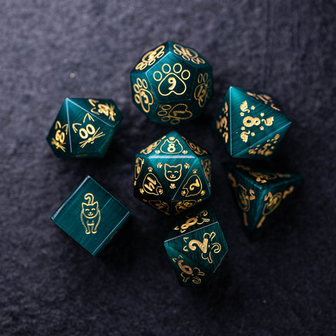 URWizards Dnd Engraved Teal Green Cat's Eye Dice Set Meow Style - Urwizards