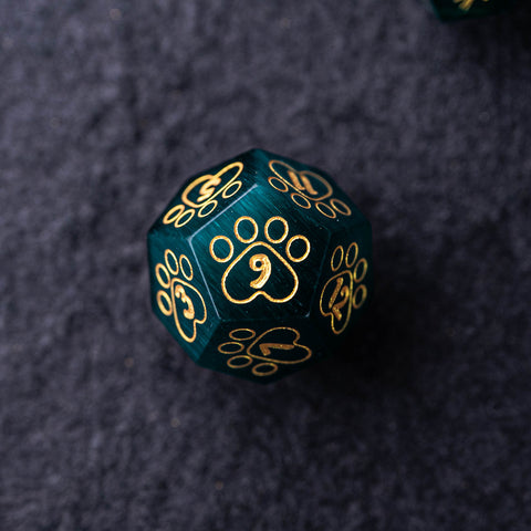 URWizards Dnd Engraved Teal Green Cat's Eye Dice Set Meow Style - Urwizards