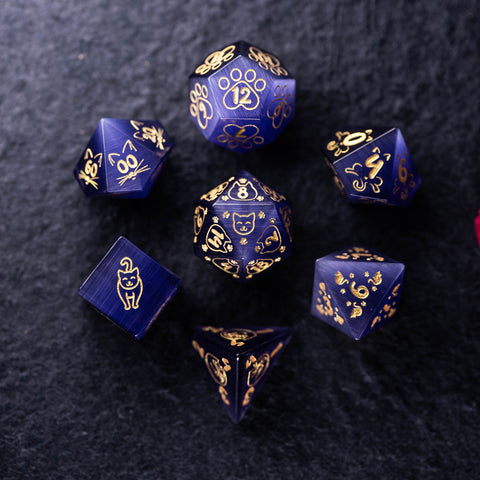 URWizards Dnd Engraved Purple Cat's Eye Dice Set Meow Style - Urwizards