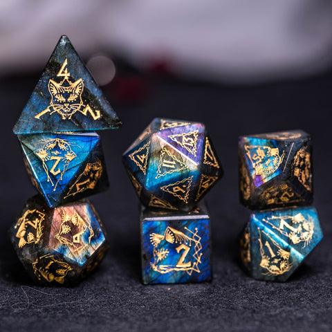 URWizards Dnd Engraved Labradorite Stone Dice Set Cat Style - Urwizards
