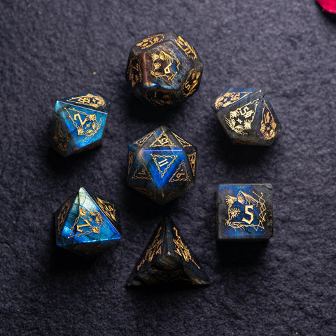 URWizards Dnd Engraved Labradorite Stone Dice Set Cat Style - Urwizards