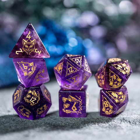 URWizards Dnd Engraved Amethyst Stone Dice Set Cat Style - Urwizards