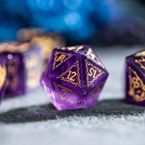 URWizards Dnd Engraved Amethyst Stone Dice Set Cat Style - Urwizards