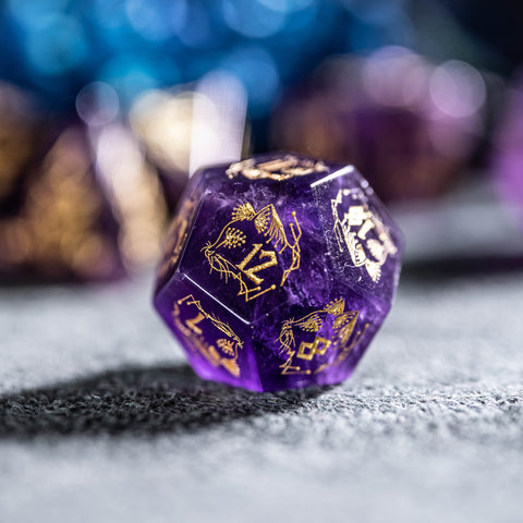 URWizards Dnd Engraved Amethyst Stone Dice Set Cat Style - Urwizards