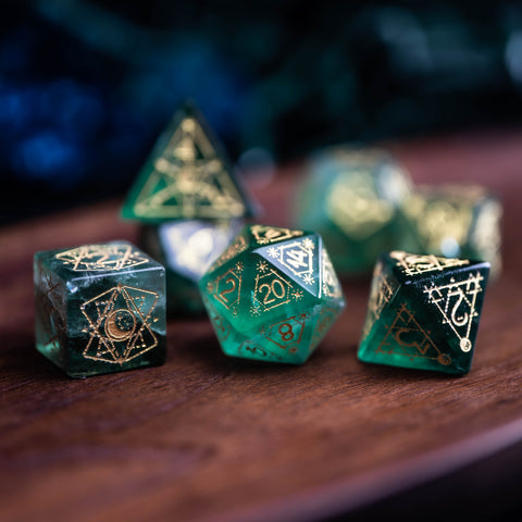 URWizards Dnd Green Fluorite Engraved Dice Set Astrology Style - Urwizards