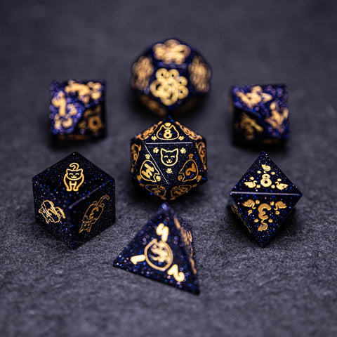 URWizards Dnd Engraved Blue Sandstone Dice Set Meow Style - Urwizards