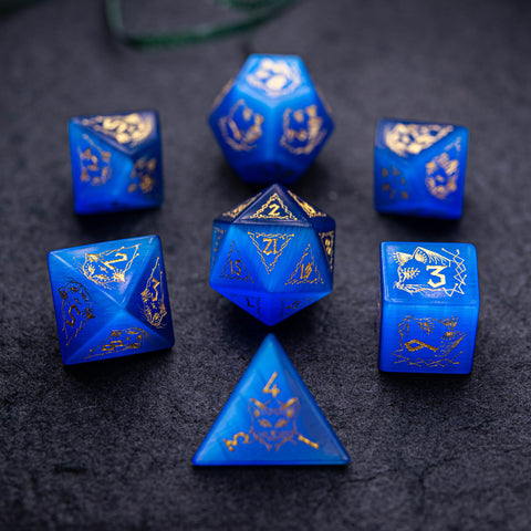 URWizards Dnd Engraved Blue Cat's Eye Stone Dice Set Cat Style - Urwizards