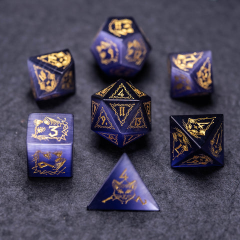 URWizards Dnd Engraved Purple Cat's Eye Stone Dice Set Cat Style - Urwizards