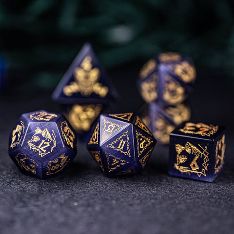 URWizards Dnd Engraved Purple Cat's Eye Stone Dice Set Cat Style - Urwizards