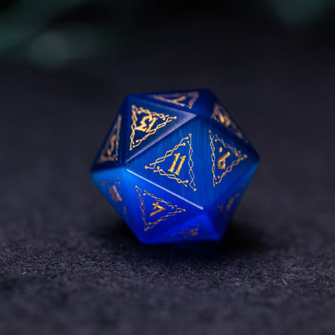 URWizards Dnd Engraved Blue Cat's Eye Stone Dice Set Cat Style - Urwizards
