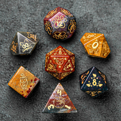 URWizards Dnd Engraved Indian Agate Dice Set Meow Style - Urwizards