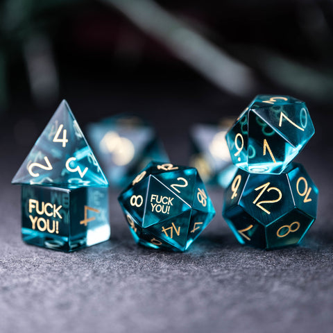 URWizards Dnd Blue Glass Engraved Dice Set F*CK Style - Urwizards
