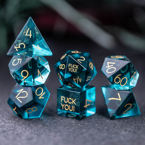 URWizards Dnd Blue Glass Engraved Dice Set F*CK Style - Urwizards