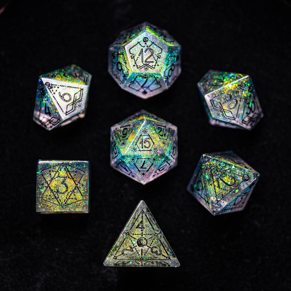 URWizards Dnd Resin Aurora Glitter Engraved Dice Set Astrology Style - Urwizards