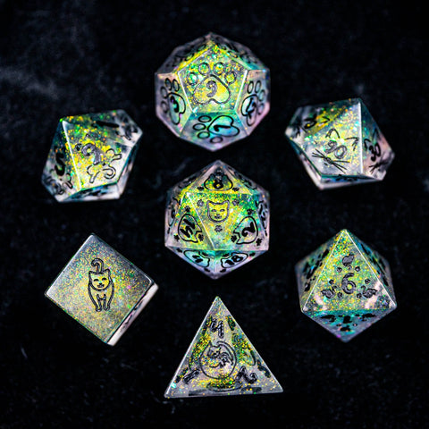 URWizards Dnd Resin Aurora Glitter Engraved Dice Set Meow Style - Urwizards
