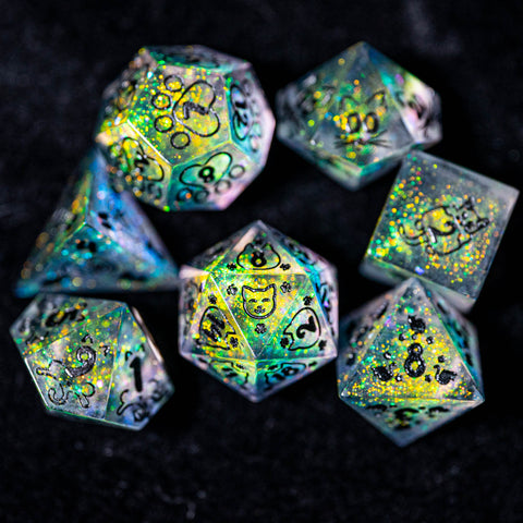 URWizards Dnd Resin Aurora Glitter Engraved Dice Set Meow Style - Urwizards