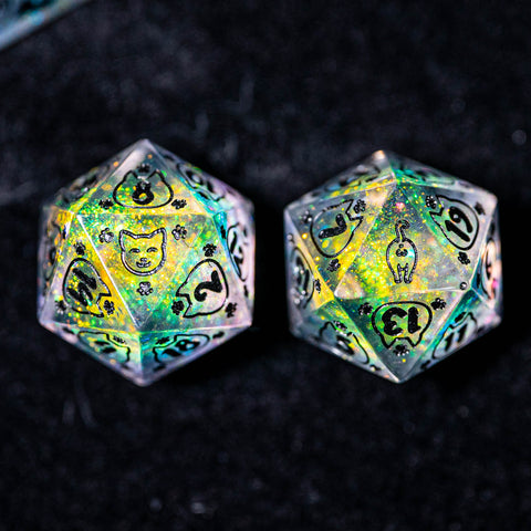 URWizards Dnd Resin Aurora Glitter Engraved Dice Set Meow Style - Urwizards