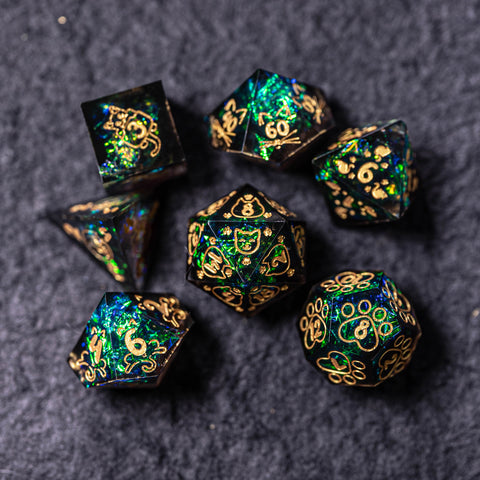 URWizards Dnd Resin Dark Glitter Engraved Dice Set Meow Style - Urwizards