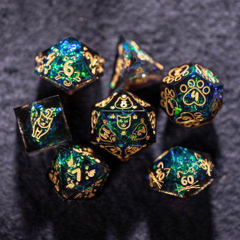 URWizards Dnd Resin Dark Glitter Engraved Dice Set Meow Style - Urwizards