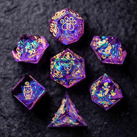 URWizards Dnd Resin Purple Glitter Engraved Dice Set Meow Style - Urwizards