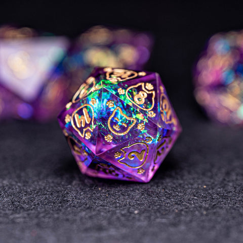 URWizards Dnd Resin Purple Glitter Engraved Dice Set Meow Style - Urwizards