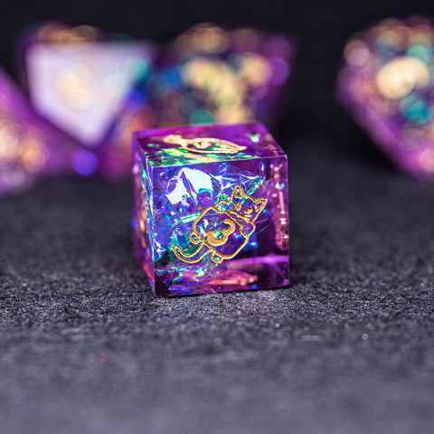 URWizards Dnd Resin Purple Glitter Engraved Dice Set Meow Style - Urwizards