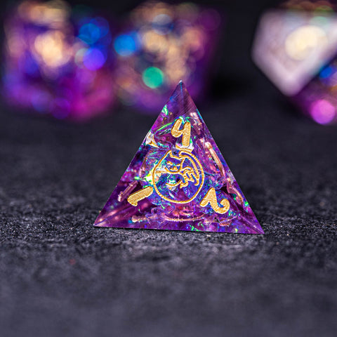 URWizards Dnd Resin Purple Glitter Engraved Dice Set Meow Style - Urwizards