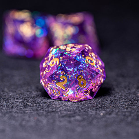 URWizards Dnd Resin Purple Glitter Engraved Dice Set Meow Style - Urwizards