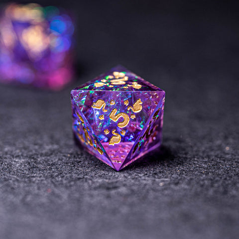 URWizards Dnd Resin Purple Glitter Engraved Dice Set Meow Style - Urwizards