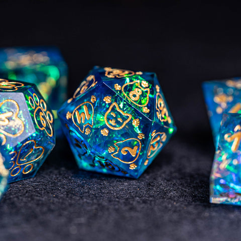 URWizards Dnd Resin Blue Glitter Engraved Dice Set Meow Style - Urwizards