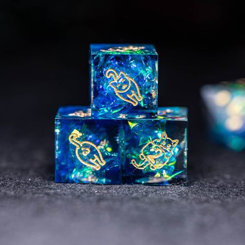 URWizards Dnd Resin Blue Glitter Engraved Dice Set Meow Style - Urwizards