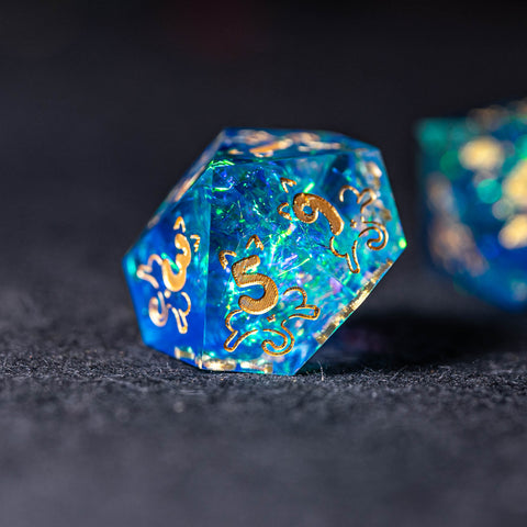 URWizards Dnd Resin Blue Glitter Engraved Dice Set Meow Style - Urwizards