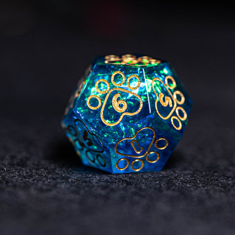 URWizards Dnd Resin Blue Glitter Engraved Dice Set Meow Style - Urwizards