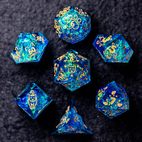 URWizards Dnd Resin Blue Glitter Engraved Dice Set Meow Style - Urwizards