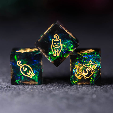 URWizards Dnd Resin Dark Glitter Engraved Dice Set Meow Style - Urwizards